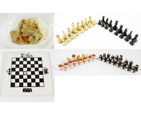 A 20th century black and cream loaded English chess set, height of king 5cm, a wooden Bauhaus style chess set, boxed, a ceram