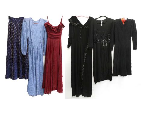 Assorted Early 20th Century Ladies Evening Costume, comprising a burgundy crepe sleeveless evening dress with gathering to th