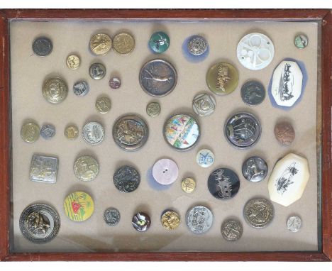 Glazed Mounted Display of Decorative Buttons comprising a mother or pearl tennis button, other sporting examples including te