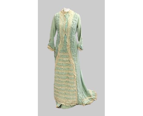 Late 19th Century Pale Green Wool Dress, button fastening to the front, three quarter length sleeves, collar, front opening, 