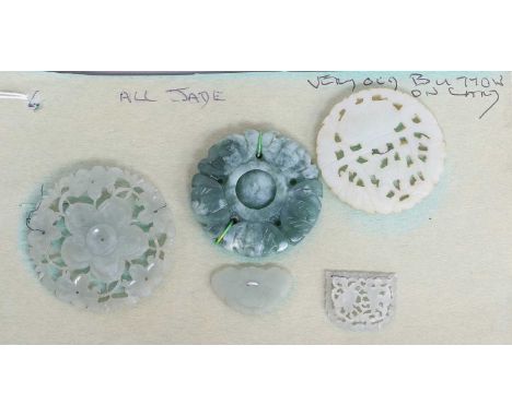 19th/20th Century Carved Jade Carvings, comprising three circular roundels, a smaller example pierced and carved with two fig