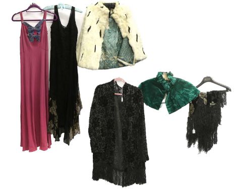 Early 20th Century Costume and Accessories, comprising a black and pewter cut velvet floral shaped shawl,a cut velvet long sl