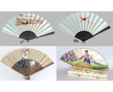 Early 20th Century European Fan hand painted with a lady to the centre wearing a blue hat, holding an armful of yellow flower