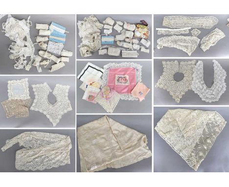 Early 20th Century Cream Silk Maltese Lace, comprising a stole, two lappets, fichu, two collars, handkerchief, another in whi