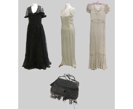 Early 20th Century Dresses and Accessories, comprising a grey lace mounted evening dress with capped sleeves and v-neckline o