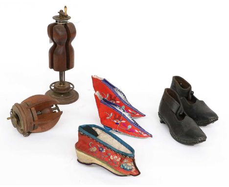 19th and 20th Century Items comprising a pair of child's leather clogs with wooden soles, ankle straps and incised decoration