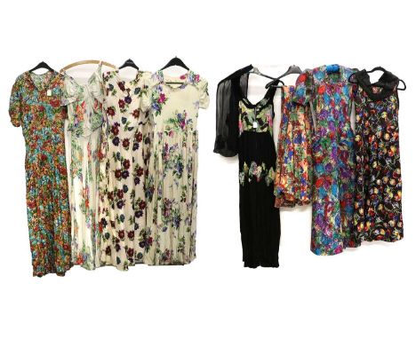 Assorted Circa 1930s Mainly Floral Evening Wear, comprising of a blue, green, purple and red example with short sleeves, pock