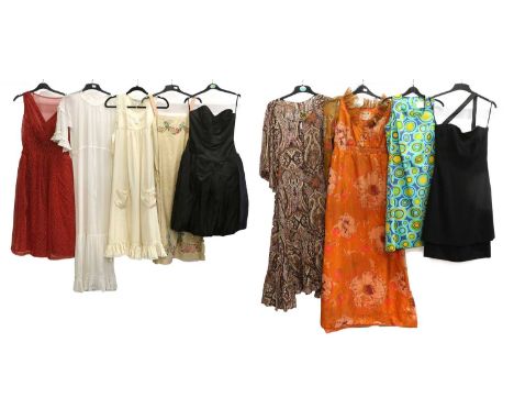 20th Century Ladies Costume, comprising a Biba brown paisley type design dress, with ruffle to the hem, buttons to the bodice