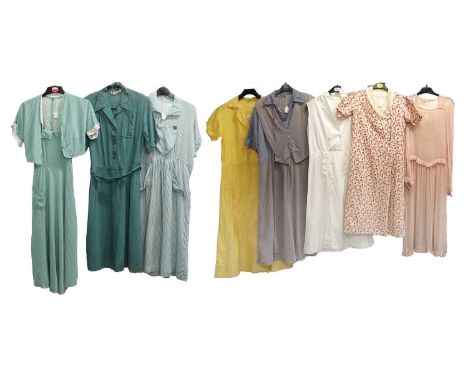 Assorted 1920's Day Dresses, comprising a grey shift style dress with blue and white striped bodice and sleeves and attached 