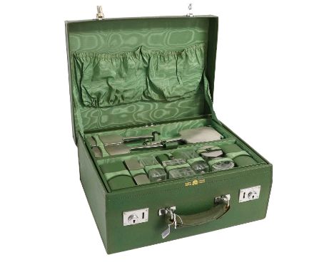 Mappin &amp; Webb Oxford Street London Green Leather Vanity Case, with green watered silk taffeta lining, lift out tray hinge
