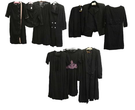 Circa 1930-50s Black Dresses, Jackets and a Suit, comprising a black crepe shift dress with pink trim, embroidered details to