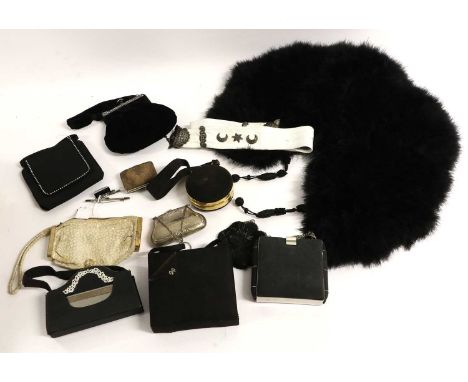 Early 20th Evening Bags, Compacts and Accessories comprising three deco brooches and a stick pin,black silk mounted hinged co