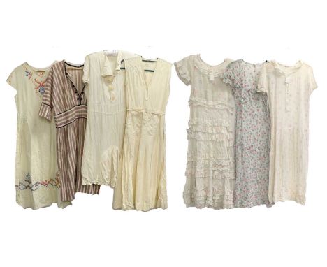 Assorted 1920s Day Dresses, comprising a cream linen type embroidered dress with cap sleeves and smocking to the waist,cream 