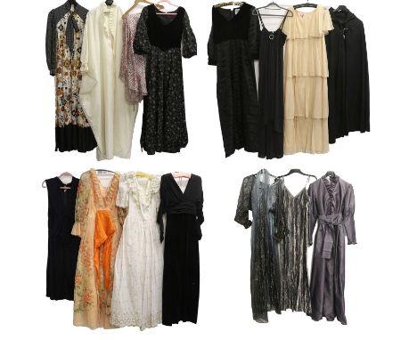 Assorted 1970s and Later Ladies Costume, comprising Tom Bowker for Jean Varon silver tone velvet sleeveless evening dress wit