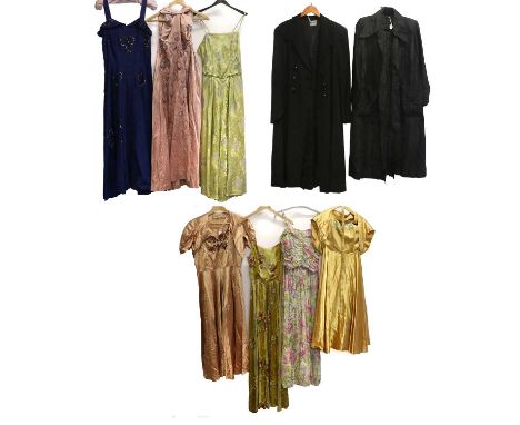 Asorted Circa 1930s and Later Evening Wear, comprising a GEH Cooper rose gold tone sleeveless silk type dress with beads and 
