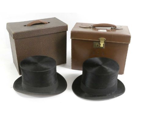 R W Forsyth Hatters Edinburgh &amp; Glasgow Black Silk Top Hat in a brown leather rectangular hat case with hinged lid,Select