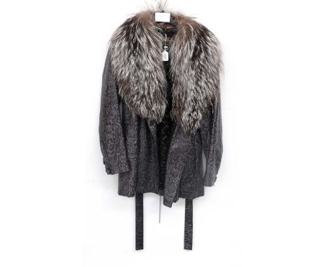 Yves Saint Laurent Fourrures Faux Grey Snakeskin Jacket with Fox Collar, long sleeves, double breasted with matching tie belt