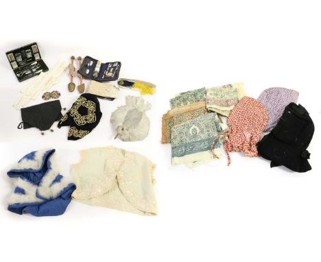 Costume Accessories comprising two cotton printed bonnets, a black wool bonnet with silk trim, blue quilted bonnet with white