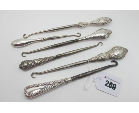 Six Hallmarked Silver Handled Button Hooks, (various makers / dates) (dents) longest 17.5cm. (6) 