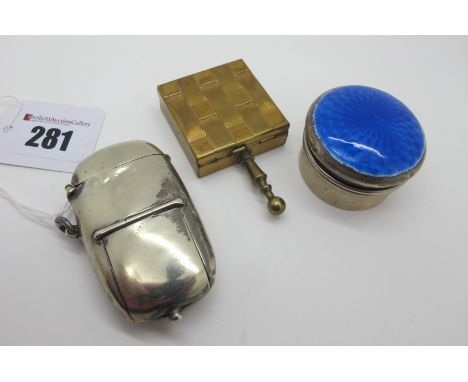 A Plated Combination Vesta / Sovereign Case, of oval form, the hinged lid concealing the coin holder, with stamp holder (stam