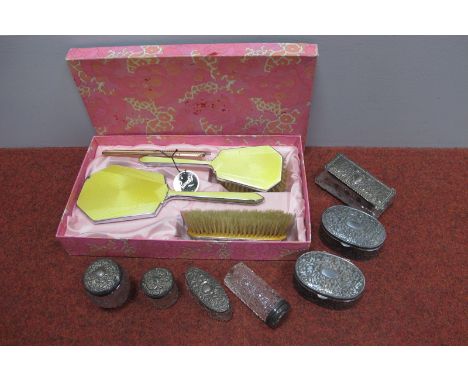 Hallmarked Silver Lidded Dressing Table Trinket Boxes, (dents/holes/chips); a vintage Rondis dressing table brush set in orig