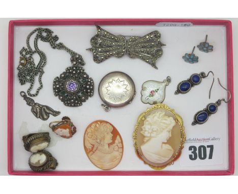 An Oval Shell Carved Cameo Brooch, within shaped frame, stamped "2.5M GOLD PLTD", an unmounted cameo panel, enamel pendant hi
