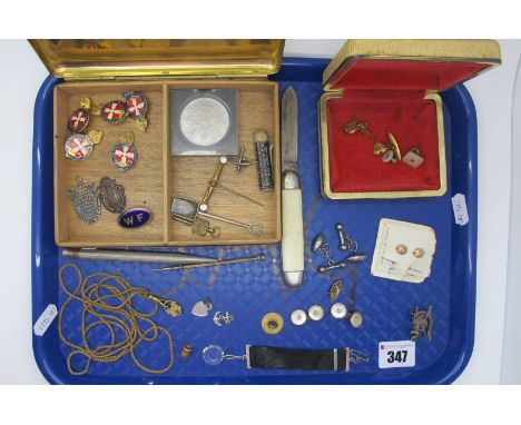 Vintage Heart Shape Cufflinks, antique sliding pencil, further cufflinks, "Ypres" badge, 'The Girls Brigade' enamel badges, a