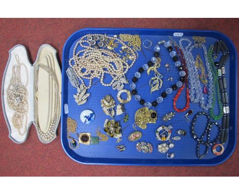 Assorted Costume Jewellery, including vintage bead necklaces, brooches, imitation pearls, Modernist style pendants etc :- One