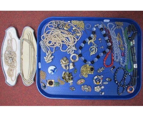 Assorted Costume Jewellery, including vintage bead necklaces, brooches, imitation pearls, Modernist style pendants etc :- One