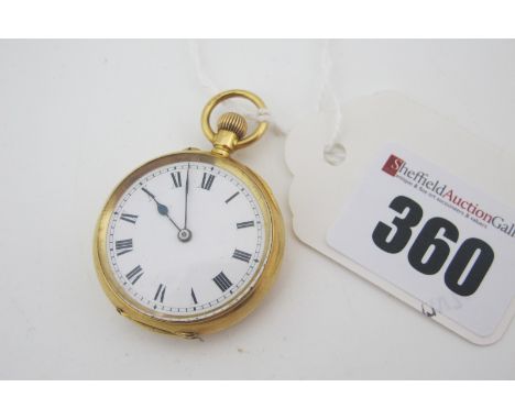 A Ladies Fob Watch, the unsigned white enamel dial with Arabic numerals, in plain case, initialled, stamped "18.75", dust cov