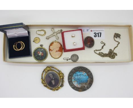 Ruskin Style Ceramic Panel Brooch, a Victorian swivel locket brooch, with glazed front and verso, a pair of modern fresh wate