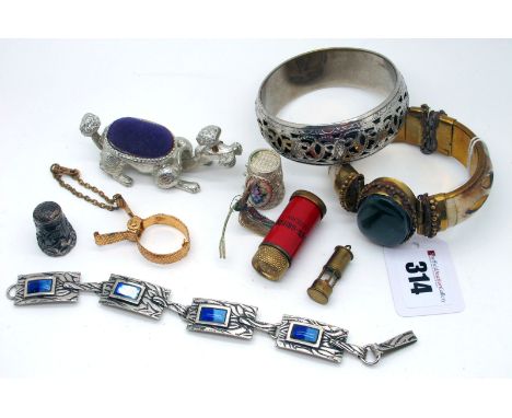 Two Bangles, vintage novelty poodle pin cushion, panel bracelet, filigree and another thimble, etc. 