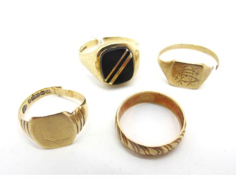 A 9ct Gold Gent's Ring, inset with cushion shape panel (finger size S) (2.7grams); Together with A Patterned Wedding Band, st