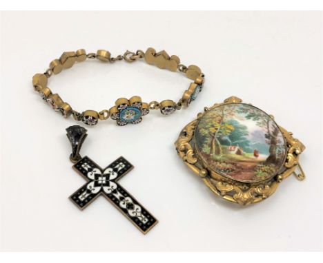 An antique enamel brooch, a cross and a micro mosaic pendant (3)