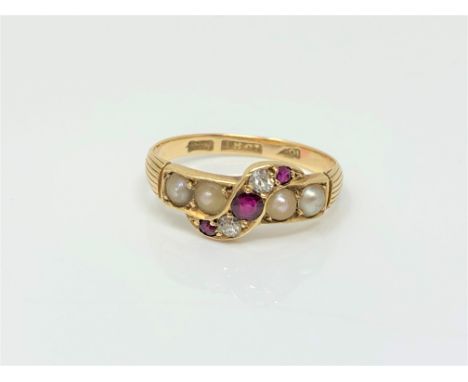 An antique 18ct gold pearl, ruby and diamond ring, size L CONDITION REPORT: 2.4g