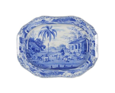  SPODE BLUE AND WHITE PRINTED MEAT PLATE FROM 'THE INDIAN SPORTING SERIES' 'DOOREAHS LEADING OUT DOGS', 19TH CENTURY impresse