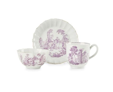 WORCESTER PUCE PRINTED TEABOWL AND SAUCER LATE 18TH CENTURY with sixteen flutes, printed with ‘L ‘Amour’, seal marks; togeth