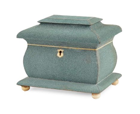  WILLIAM IV SHAGREEN, BONE, AND IVORY TEA CADDY EARLY 19TH CENTURY of sarcophagus form, the hinged lid opening to two covered