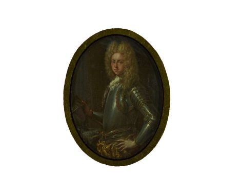  MANNER OF JOHN ALEXANDER HALF LENGTH PORTRAIT OF A YOUNG MAN IN ARMOUR Oil on copper, oval 9.5cm x 7cm (3.75in x 2.75in)   