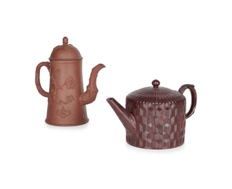  STAFFORDSHIRE REDWARE TEAPOT AND COFFEE POT CIRCA 1760 the teapot with cylindrical body and engine turned plain diamond and 