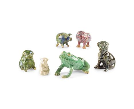  COLLECTION OF DUNMORE POTTERY ANIMAL FIGURES PETER GARDNER, LATE 19TH CENTURY comprising a green glazed pug; a larger dog in