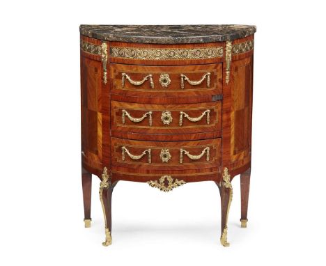  FRENCH TRANSITIONAL STYLE MARBLE TOPPED KINGWOOD AND PURPLE WOOD DEMILUNE COMMODE 18TH CENTURY the demilune black brêche mar