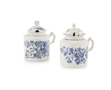  TWO WORCESTER WET MUSTARD POTS AND COVERS LATE 18TH CENTURY both printed in underglaze blue, ear-shaped handles, one decorat