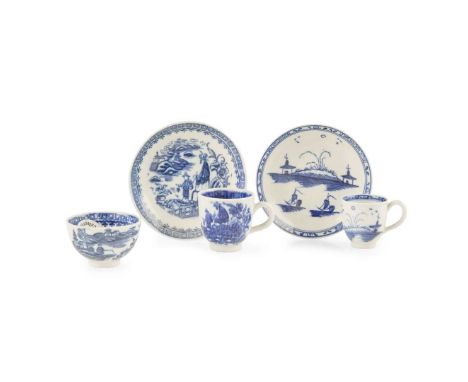  GROUP OF MINITATURE CAUGHLEY TEA WARE LATE 18TH CENTURY comprising a coffee cup and saucer painted in underglaze blue with ‘