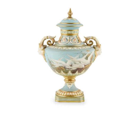  ROYAL WORCESTER TWIN HANDLED VASE AND COVER BY CHARLEY BALDWYN DATED 1905 of urn shaped form, the twin scroll handles with m