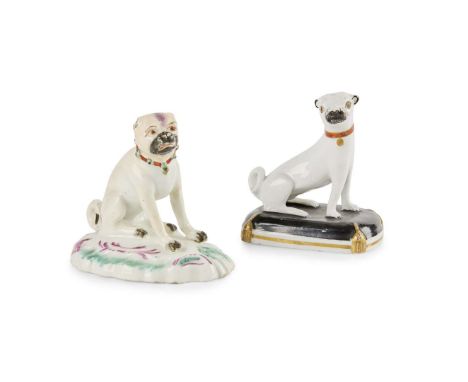  DERBY FIGURE OF A PUG DOG AND A RARE CHARLES BOURNE FIGURE OF A PUG DOG LATE 18TH CENTURY the Derby figure modelled seated o