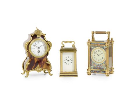  GROUP OF THREE FRENCH MINIATURE CLOCKS EARLY 20TH CENTURY including a champlevé enamel and brass miniature carriage clock, t