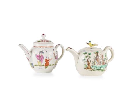  BOW POLYCHROME TEAPOT AND A SALTGLAZE POLYCHROME TEAPOT CIRCA 1760 the Bow teapot with a globular body and domed cover, with