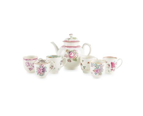  GROUP OF POLYCHROME PAINTED CUPS AND A CAUGHLEY TEAPOT LATE 18TH CENTURY the globular teapot painted with flowers and with p