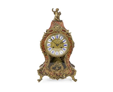  FRENCH BRASS AND RED TORTOISESHELL BOULLE MARQUETRY MANTEL CLOCK LATE 19TH CENTURY the embossed gilt circular dial set with 